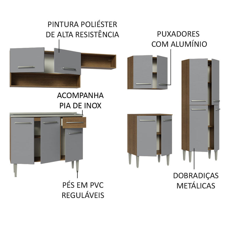 Armário de Cozinha Completa 293cm com Pia Rustic/Cinza Emilly Madesa 09