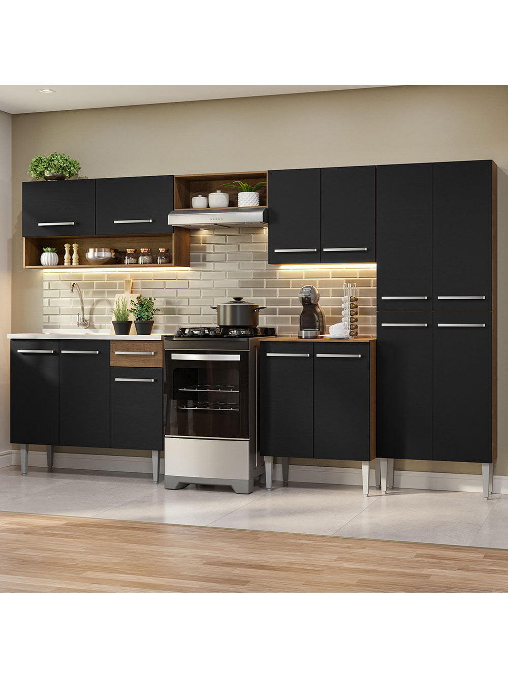 Armário de Cozinha Completa 293cm com Pia Rustic/Preto Emilly Madesa 09 - Rustic/Preto
