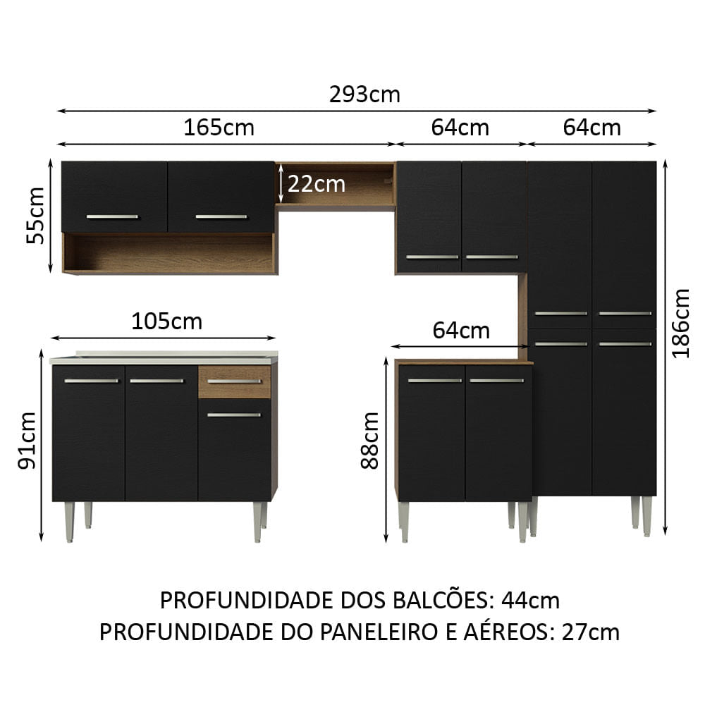 Armário de Cozinha Completa 293cm com Pia Rustic/Preto Emilly Madesa 09