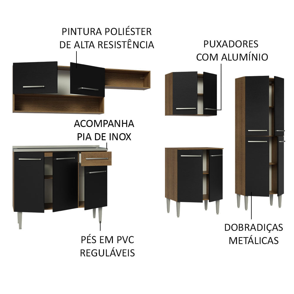 Armário de Cozinha Completa 293cm com Pia Rustic/Preto Emilly Madesa 09
