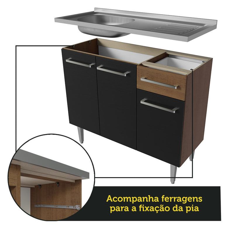 Armário de Cozinha Completa 293cm com Pia Rustic/Preto Emilly Madesa 09