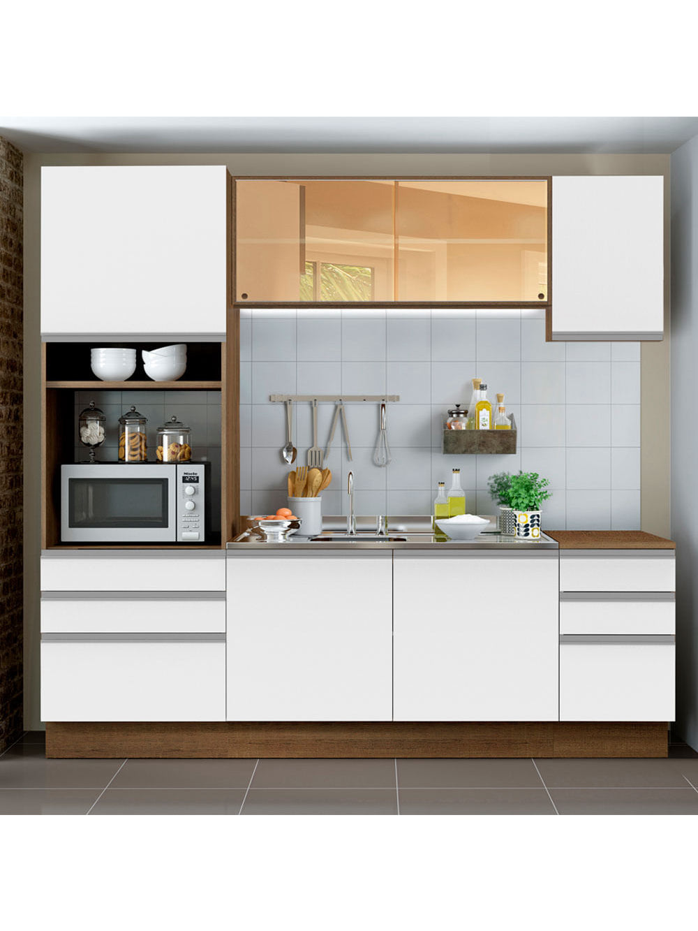 Armário de Cozinha Completa 220cm Rustic/Branco Glamy Madesa 01