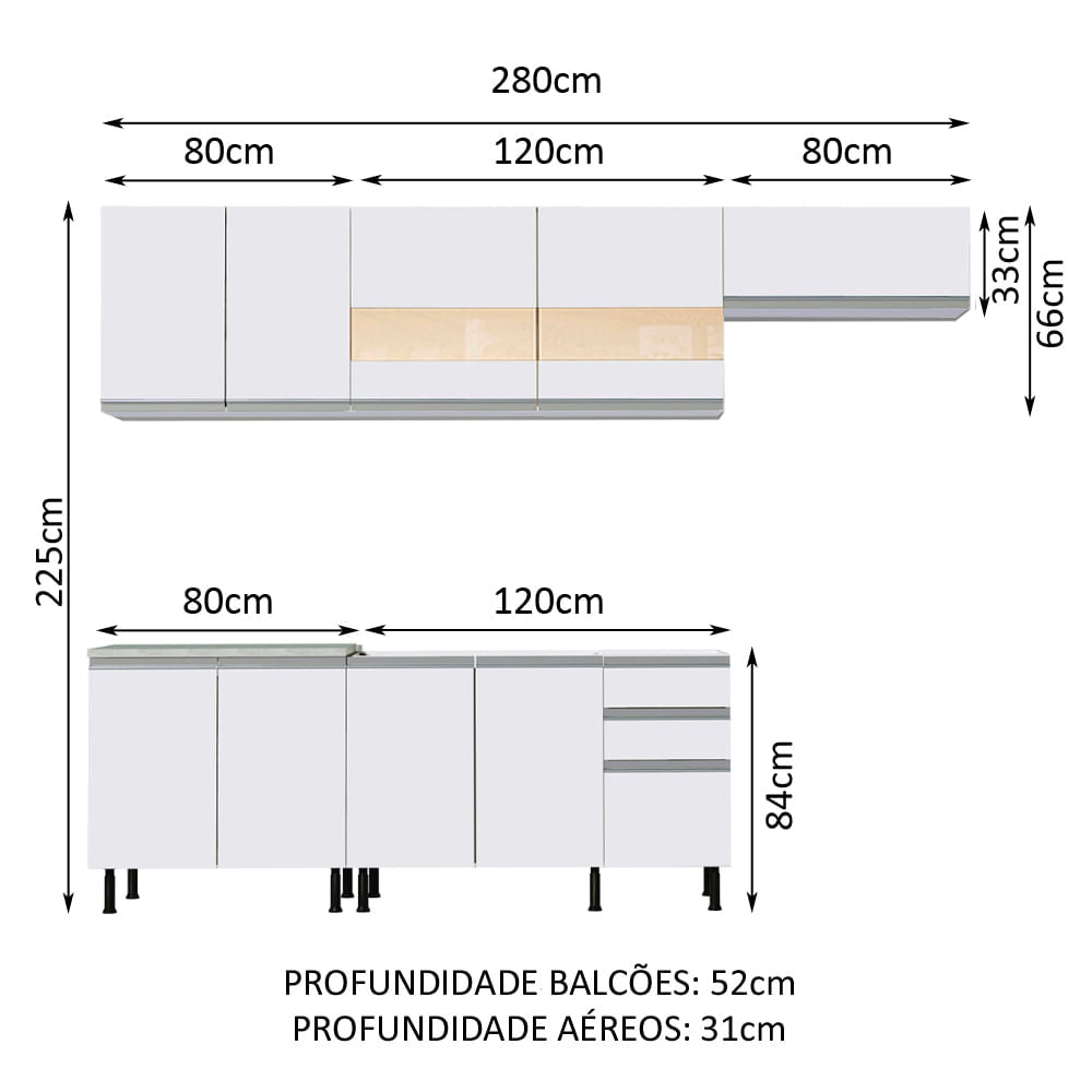 Armário de Cozinha Completa 280cm Branco Marcela Madesa 03SR