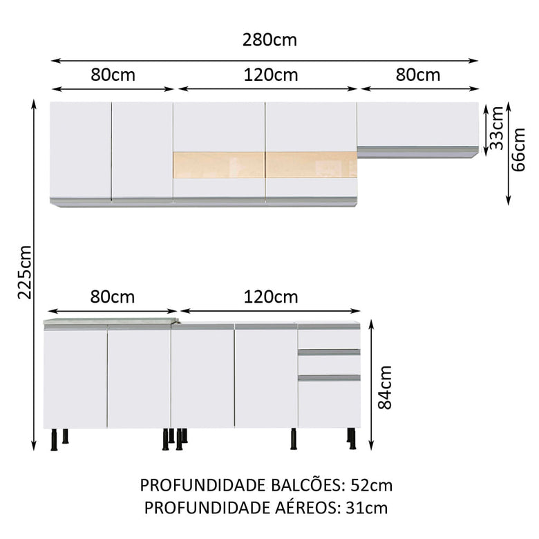 Armário de Cozinha Completa 280cm Branco Marcela Madesa 03SR