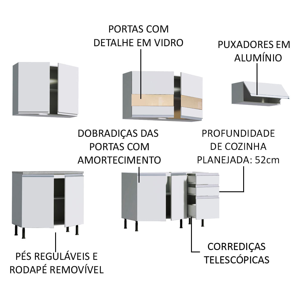 Armário de Cozinha Completa 280cm Branco Marcela Madesa 03SR