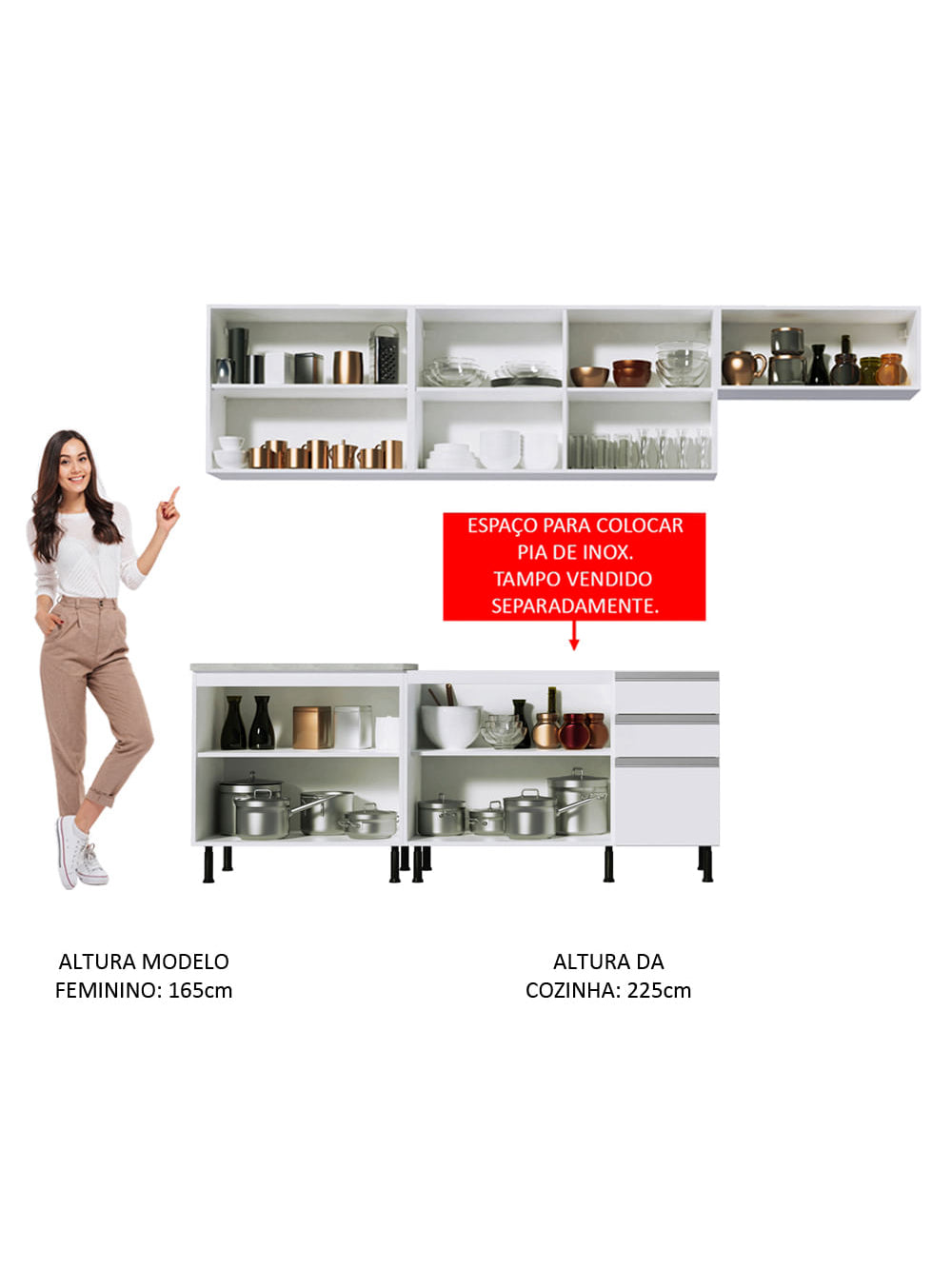 Armário de Cozinha Completa 280cm Branco Marcela Madesa 03SR