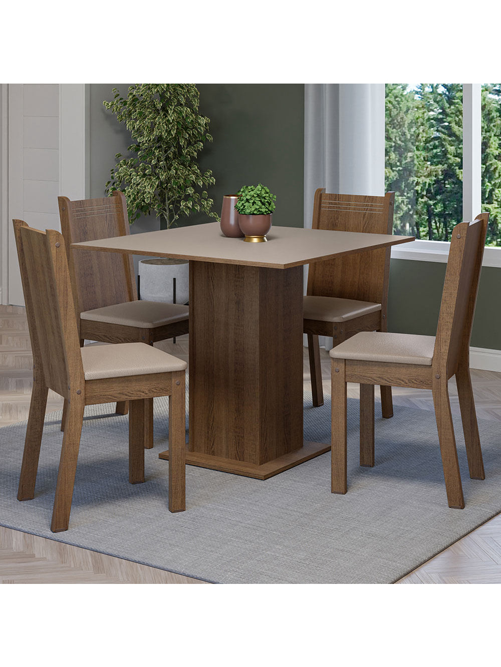 Conjunto Sala de Jantar Mesa Tampo de Madeira 4 Cadeiras Rustic/Crema/Sintético Bege Samara Madesa - Rustic/Crema/Sintético Bege