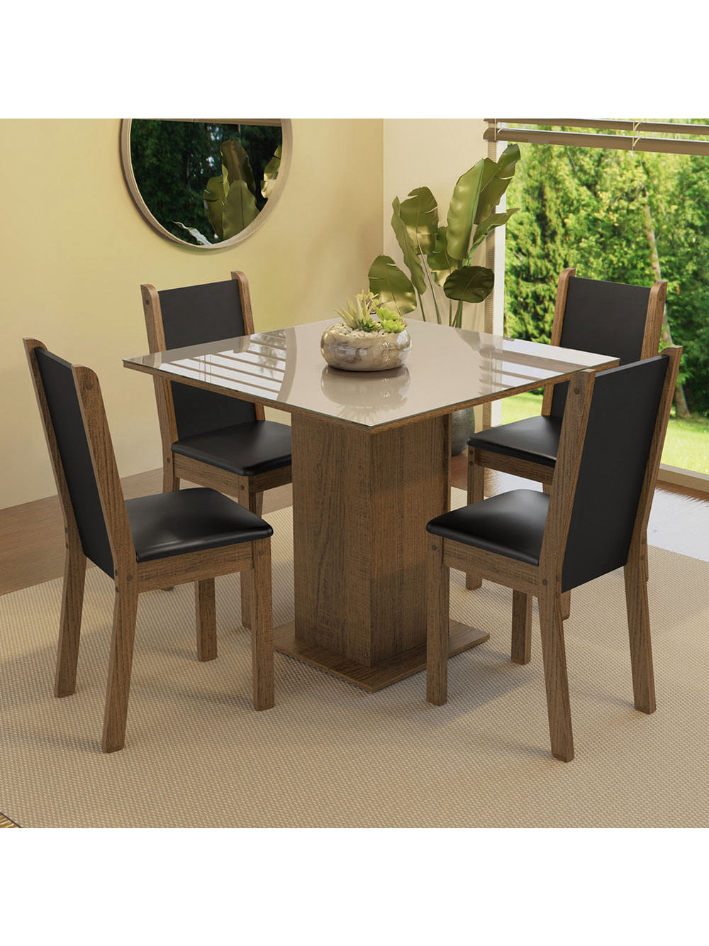 Conjunto Sala de Jantar Mesa Tampo de Vidro 4 Cadeiras Rustic/Crema/Preto Tifani Madesa