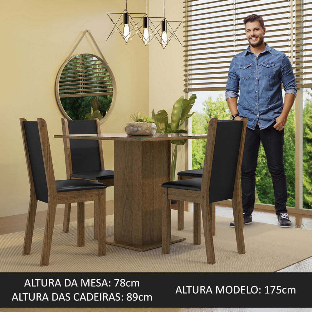 Conjunto Sala de Jantar Mesa Tampo de Vidro 4 Cadeiras Rustic/Crema/Preto Tifani Madesa