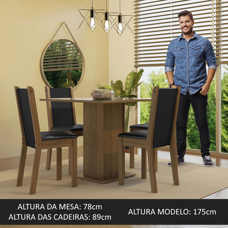 Conjunto Sala de Jantar Mesa Tampo de Vidro 4 Cadeiras Rustic/Crema/Preto Tifani Madesa
