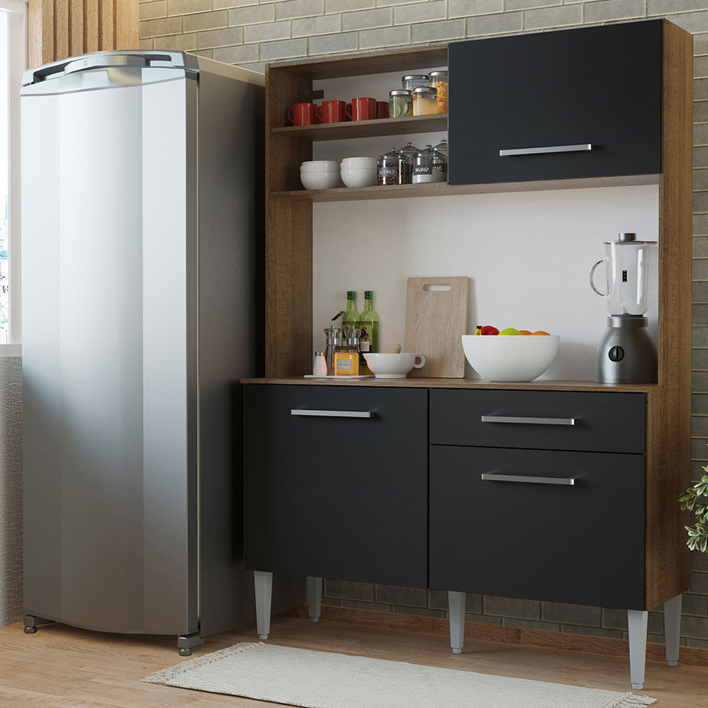 Armário de Cozinha Compacta 120cm Rustic/Preto Life Madesa - Rustic/Preto