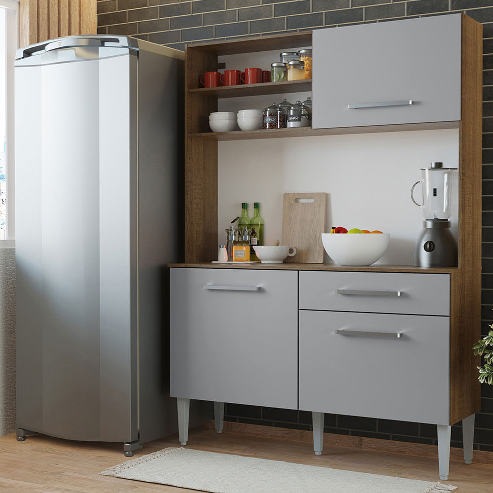 Armário de Cozinha Compacta 120cm Rustic/Cinza Life Madesa - Rustic/Cinza