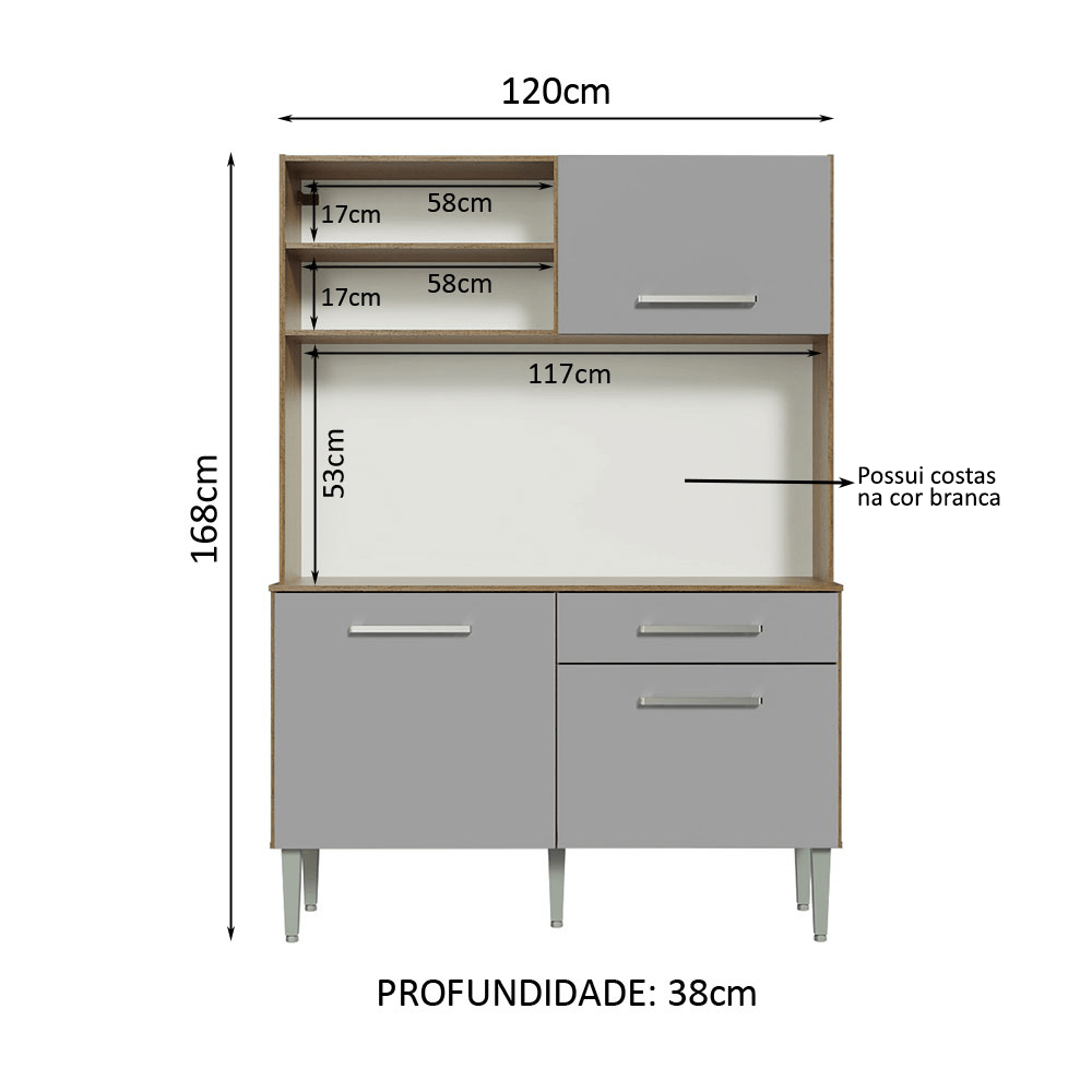 Armário de Cozinha Compacta 120cm Rustic/Cinza Life Madesa