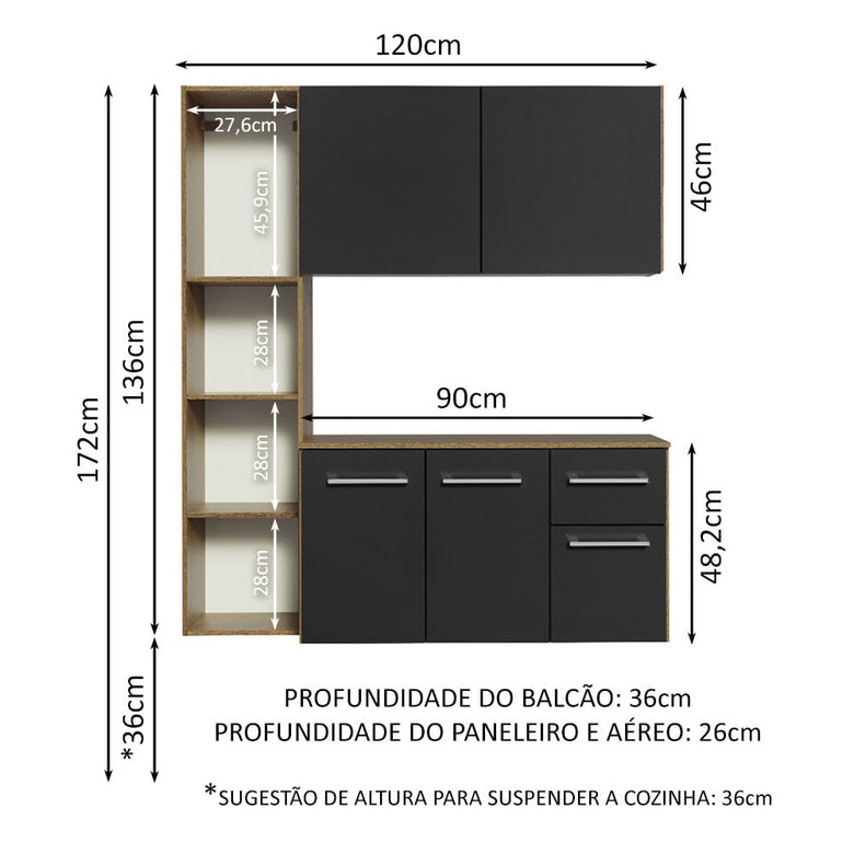 Armário de Cozinha Compacta 120cm Rustic/Preto Easy Madesa