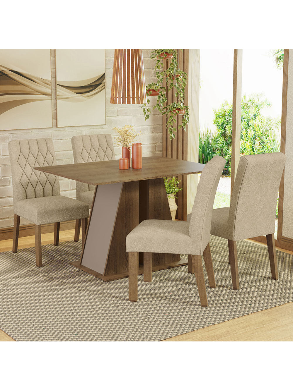 Conjunto Sala de Jantar Mesa Tampo de Madeira 4 Cadeiras Rustic/Crema/Imperial Gisele Madesa - Rustic/Crema/Imperial