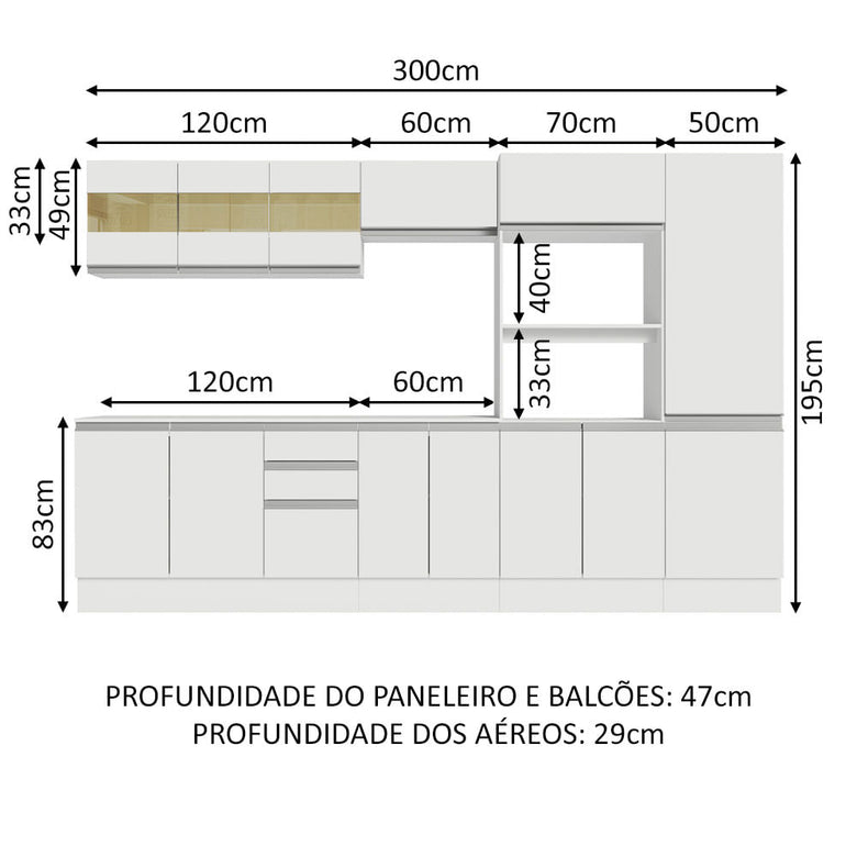 Armário de Cozinha Completa 100% MDF 300cm Branco Smart Madesa 02