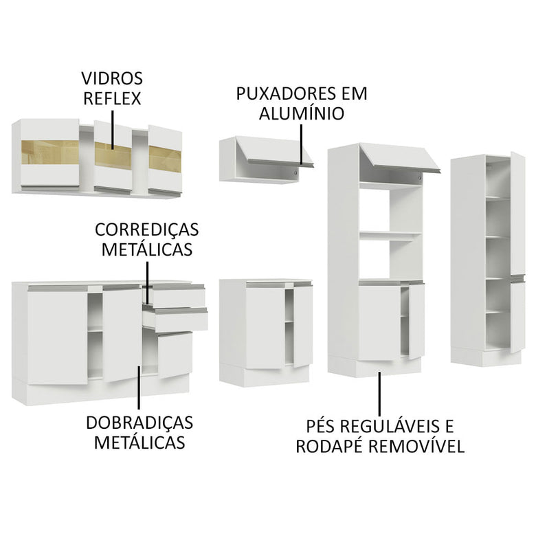 Armário de Cozinha Completa 100% MDF 300cm Branco Smart Madesa 02