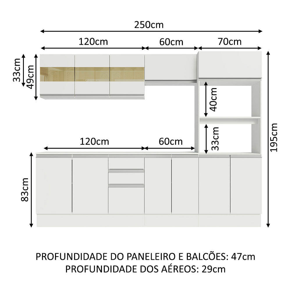 Armário de Cozinha Completa 100% MDF 250 cm Branco Smart Madesa 02
