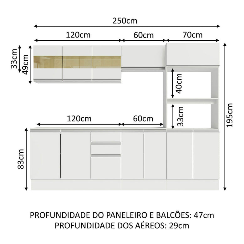 Armário de Cozinha Completa 100% MDF 250 cm Branco Smart Madesa 02