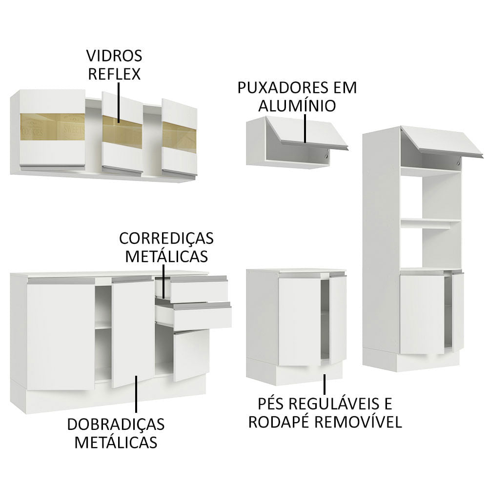 Armário de Cozinha Completa 100% MDF 250 cm Branco Smart Madesa 02