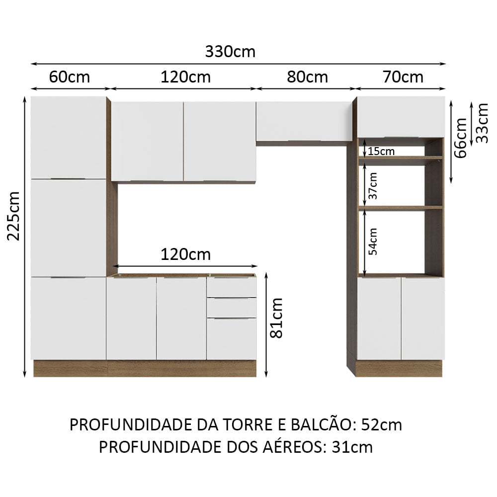 Armário de Cozinha Completa 330cm Rustic/Branco Stella Madesa 02