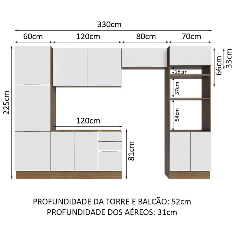 Armário de Cozinha Completa 330cm Rustic/Branco Stella Madesa 02