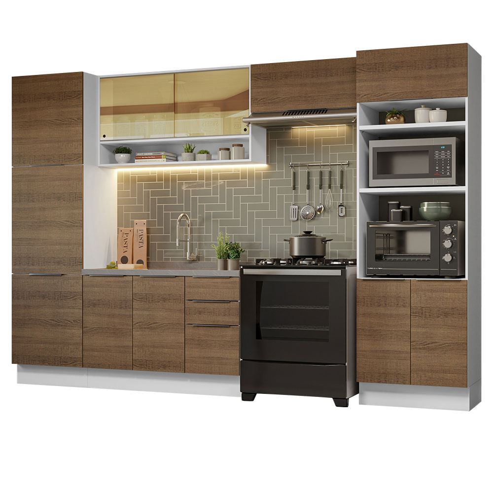 Armário de Cozinha Completa 330cm Branco/Rustic Stella Madesa 03 - Branco/Rustic