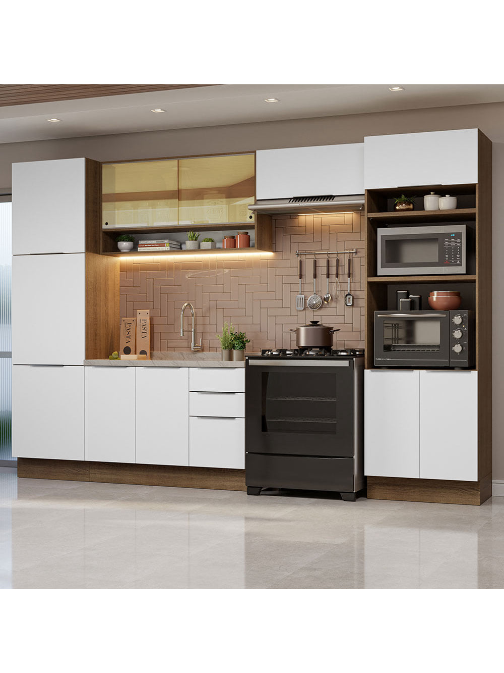 Armário de Cozinha Completa 330cm Rustic/Branco Stella Madesa 03 - Rustic/Branco