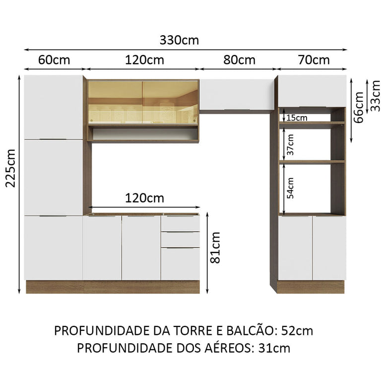 Armário de Cozinha Completa 330cm Rustic/Branco Stella Madesa 03