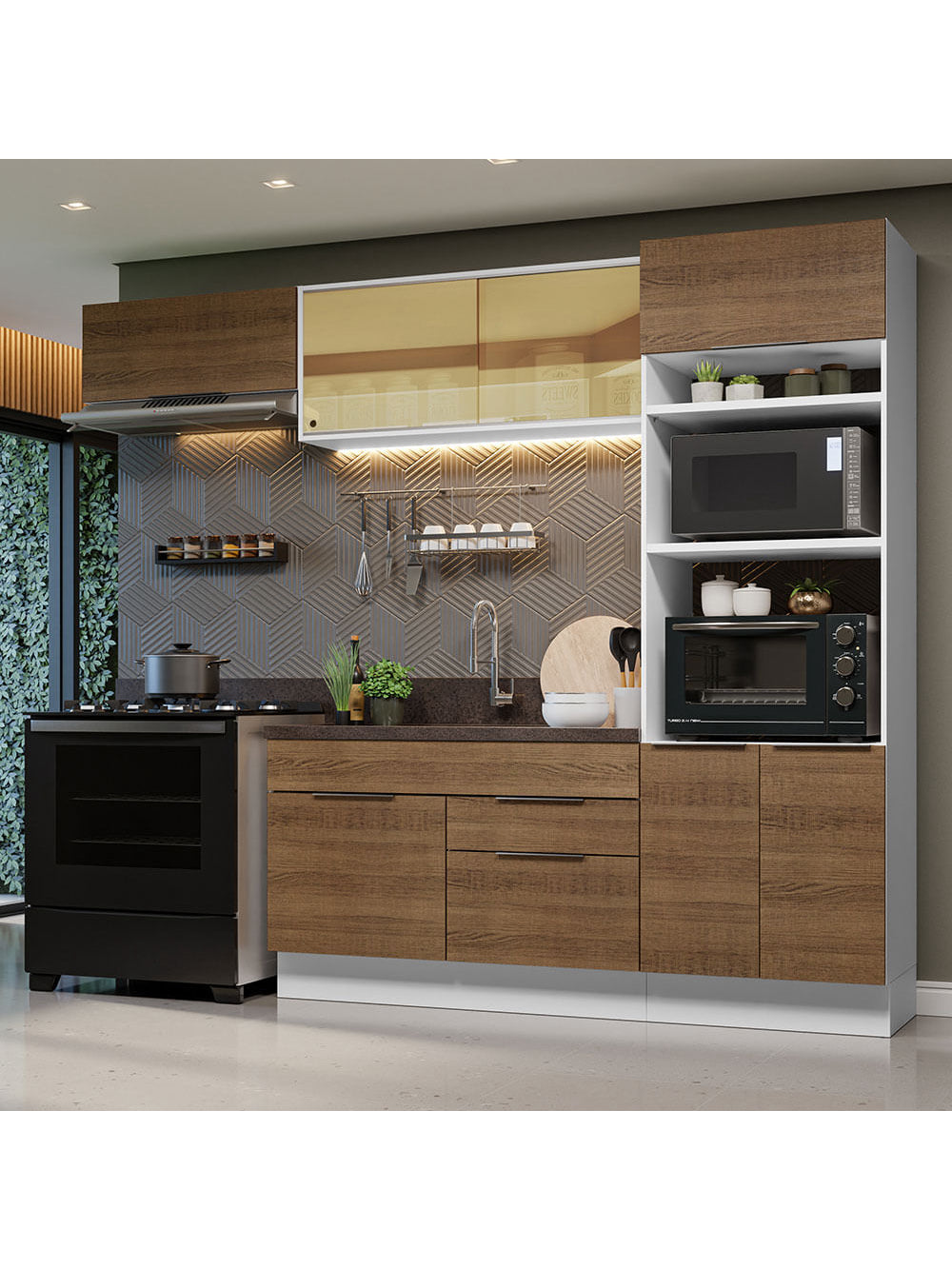 Armário de Cozinha Completa 270cm Branco/Rustic Stella Madesa 08 - Branco/Rustic