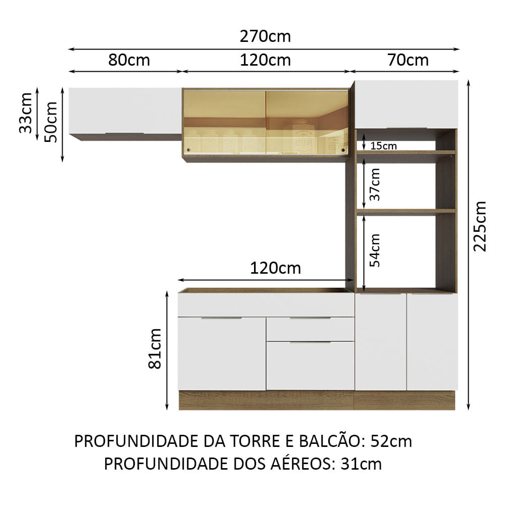 Armário de Cozinha Completa 270cm Rustic/Branco Stella Madesa 08