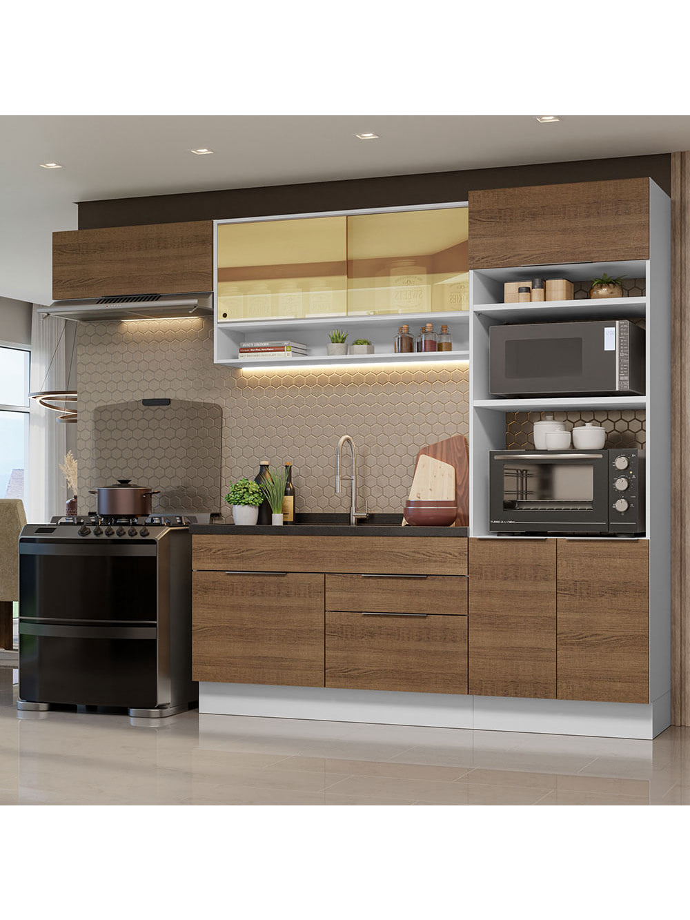 Armário de Cozinha Completa 270cm Branco/Rustic Stella Madesa 09 - Branco/Rustic