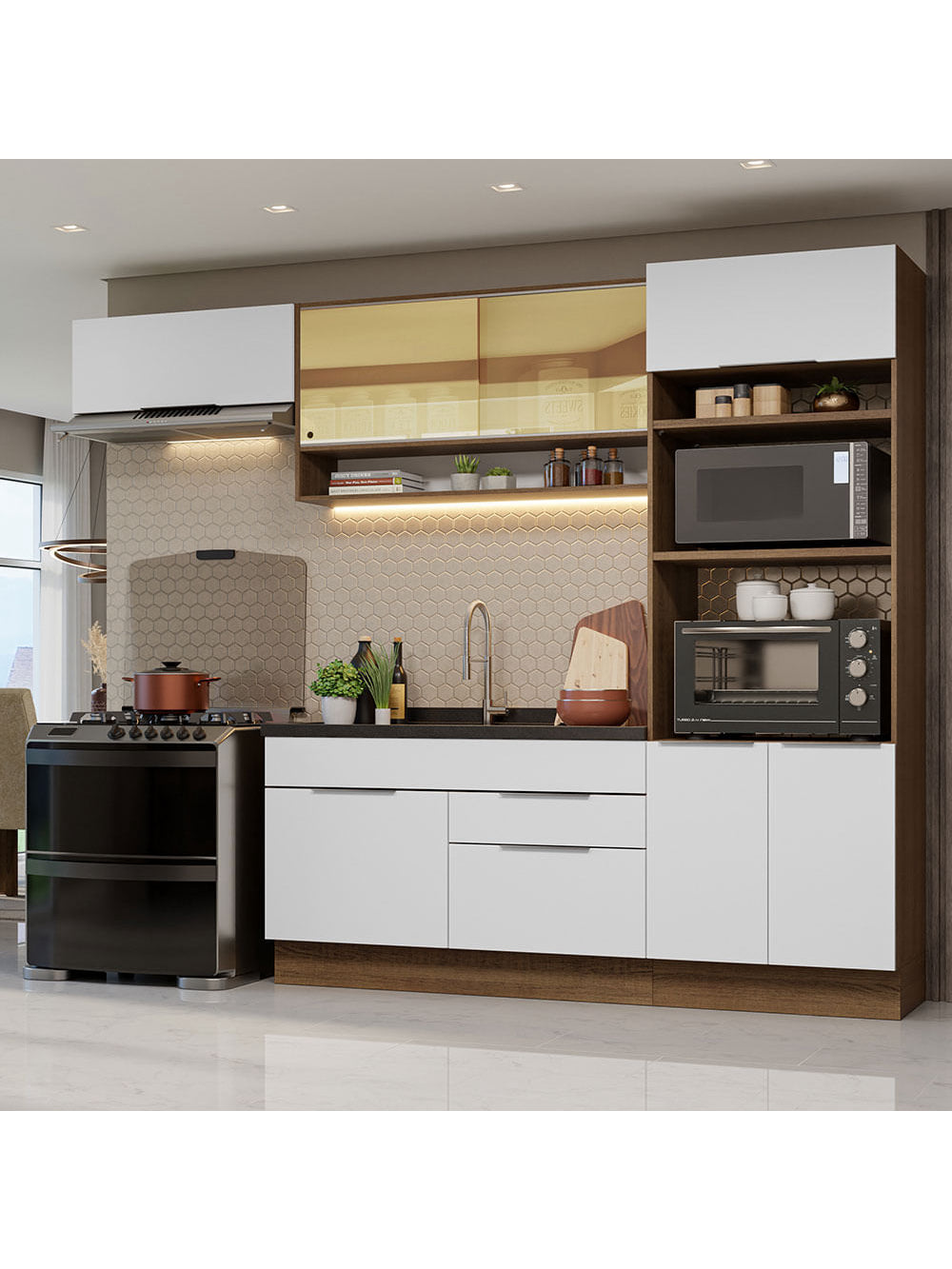 Armário de Cozinha Completa 270cm Rustic/Branco Stella Madesa 09 - Rustic/Branco