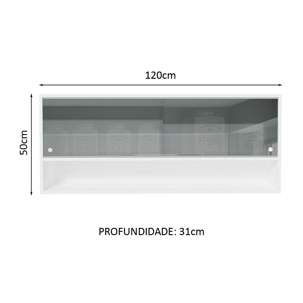 Armário Aéreo 120cm 2 Portas Correr Vidro Neutral 1 Nicho Branco para Cozinhas Glamy, Lux e Reims Madesa - Branco