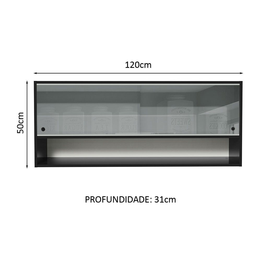 Armário Aéreo 120cm 2 Portas Correr Vidro Neutral 1 Nicho Preto Reims Madesa - Preto