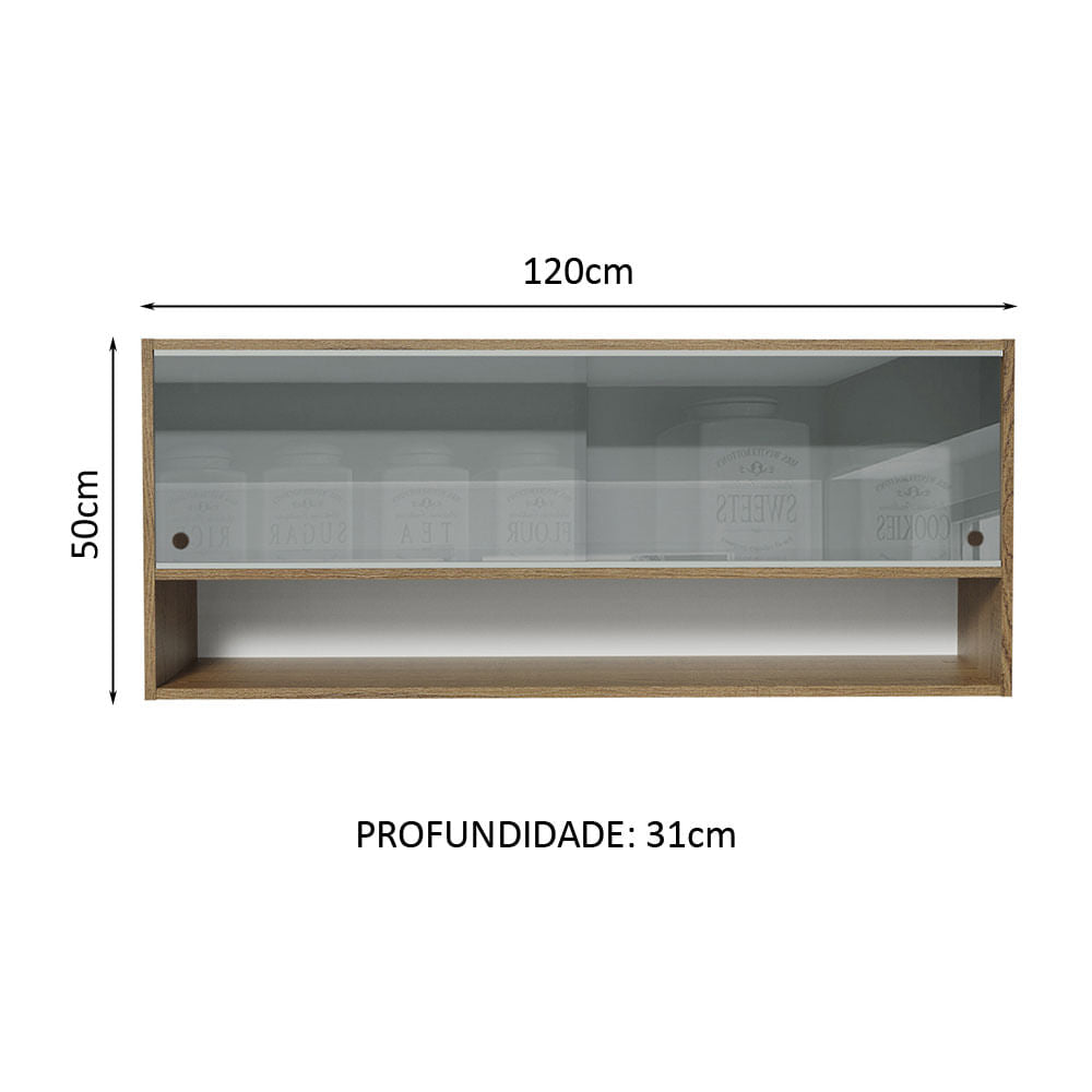 Armário Aéreo 120cm 2 Portas Correr Vidro Neutral 1 Nicho Rustic para Cozinhas Glamy, Lux e Reims Madesa - Rustic