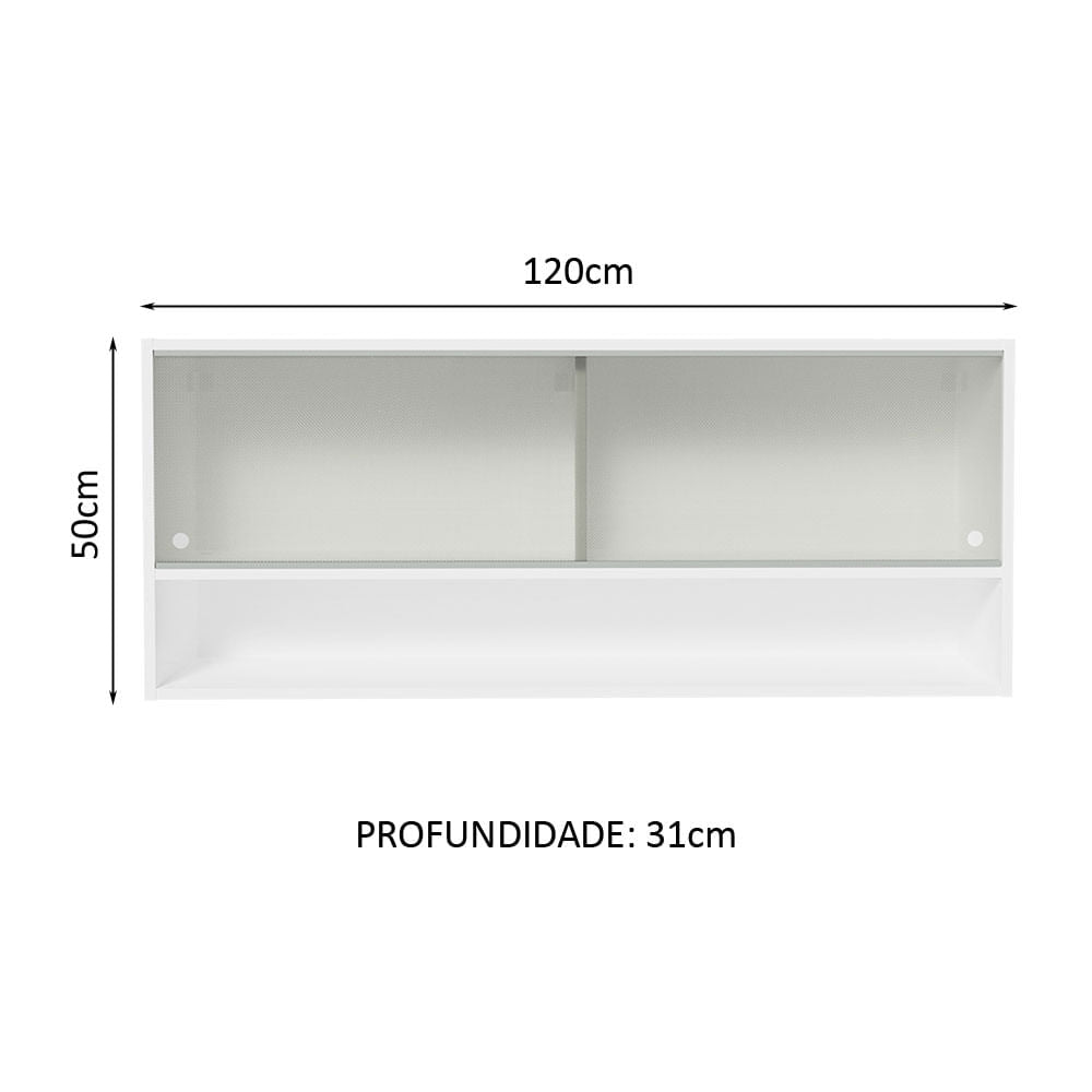 Armário Aéreo 120cm 2 Portas Correr Vidro Pontilhado 1 Nicho Branco para Cozinhas Glamy, Lux e Reims Madesa - Branco