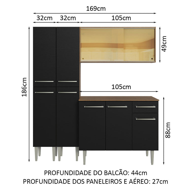 Armário de Cozinha Compacta 169cm Rustic/Preto Emilly Madesa 09