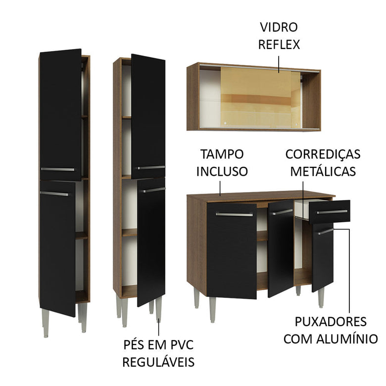 Armário de Cozinha Compacta 169cm Rustic/Preto Emilly Madesa 09