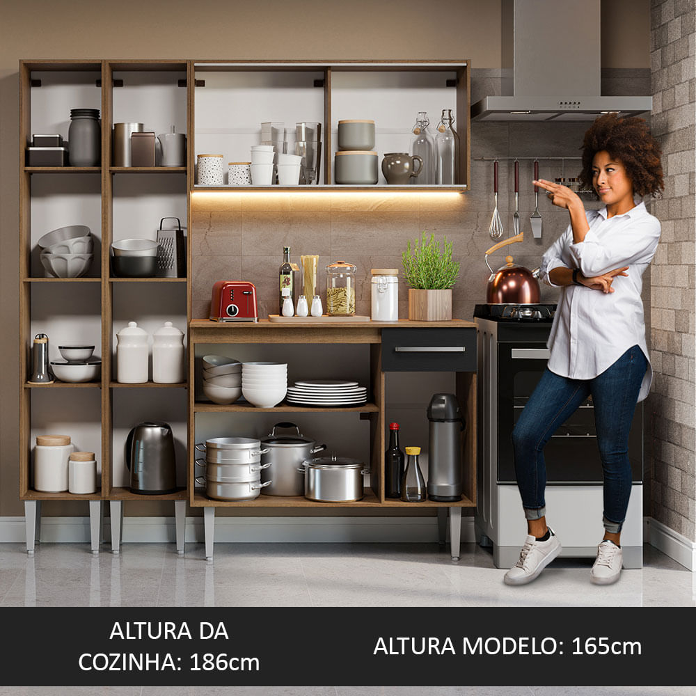Armário de Cozinha Compacta 169cm Rustic/Preto Emilly Madesa 09