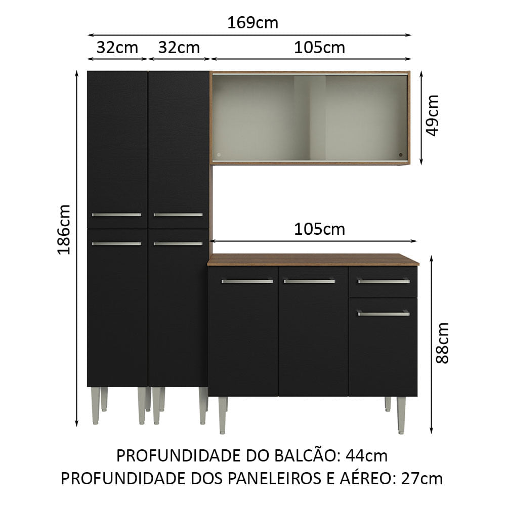 Armário de Cozinha Compacta 169cm Rustic/Preto Emilly Madesa 10