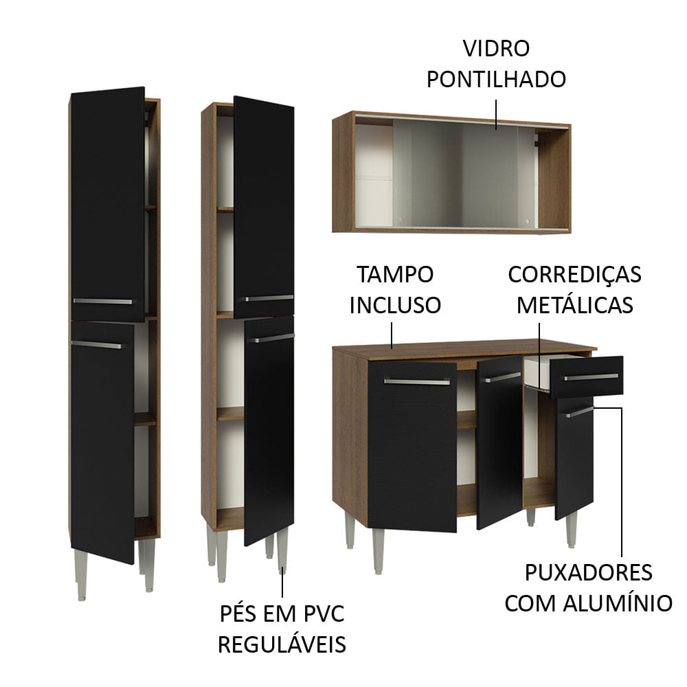 Armário de Cozinha Compacta 169cm Rustic/Preto Emilly Madesa 10