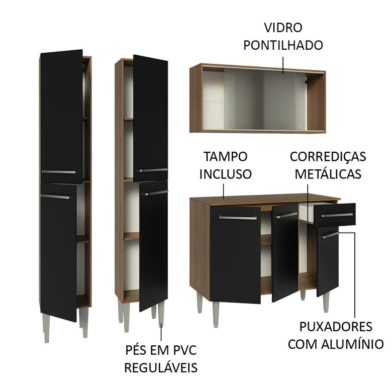 Armário de Cozinha Compacta 169cm Rustic/Preto Emilly Madesa 10