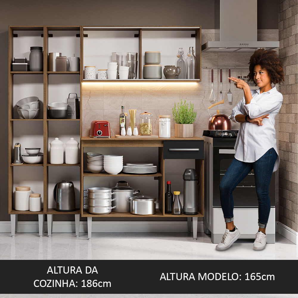 Armário de Cozinha Compacta 169cm Rustic/Preto Emilly Madesa 10