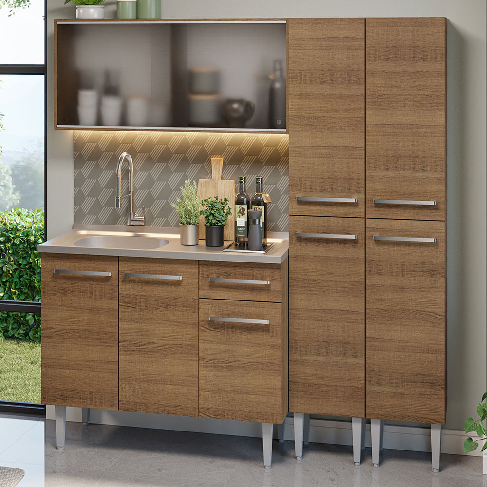 Armário de Cozinha Compacta 169cm com Pia Rustic Emilly Madesa 11 - Rustic