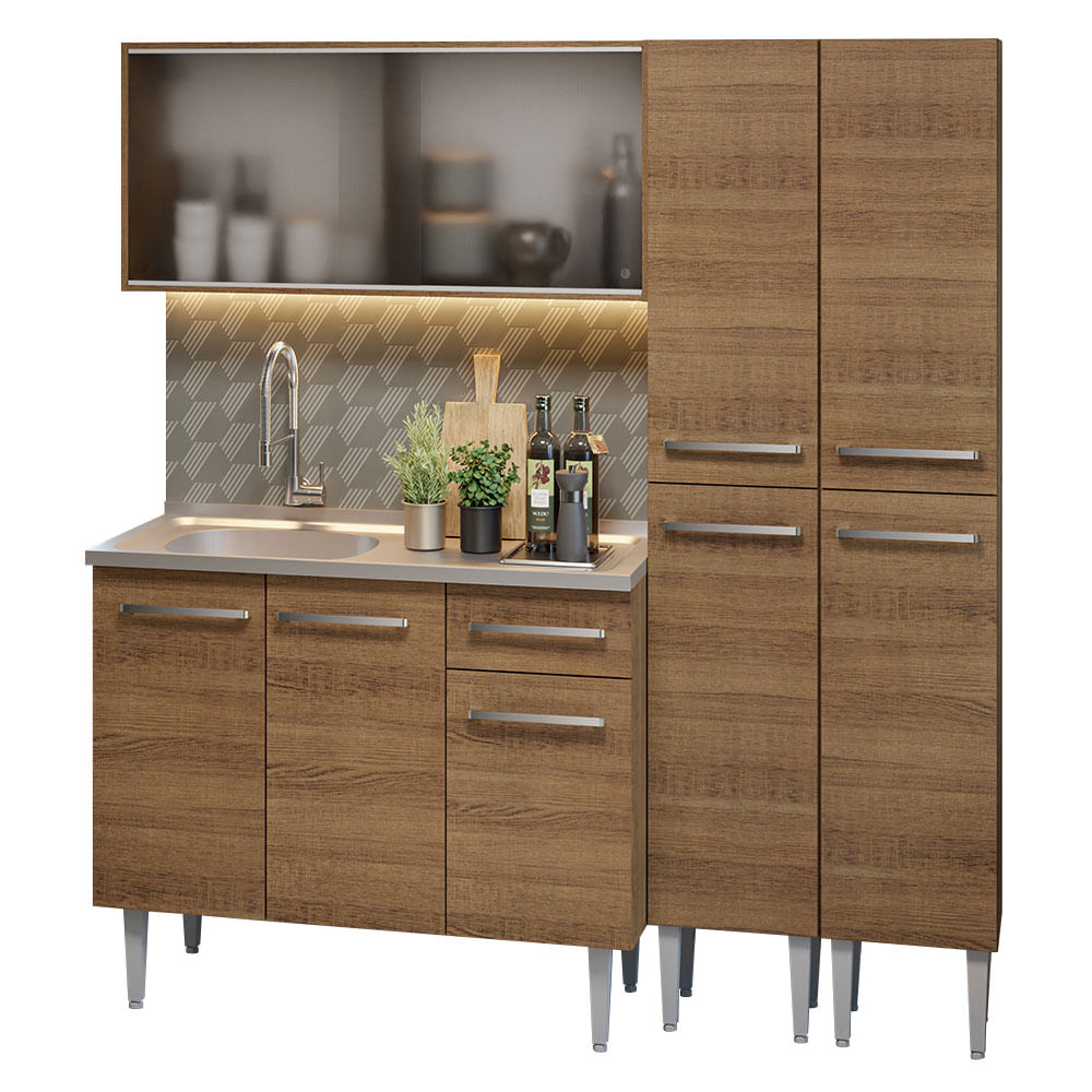 Armário de Cozinha Compacta 169cm com Pia Rustic Emilly Madesa 11 - Rustic