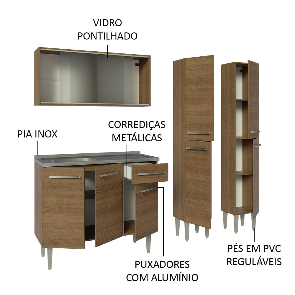 Armário de Cozinha Compacta 169cm com Pia Rustic Emilly Madesa 11