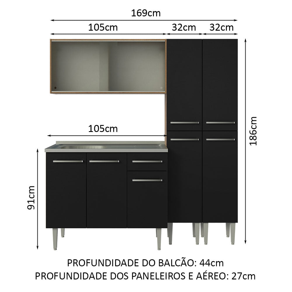 Armário de Cozinha Compacta 169cm com Pia Rustic/Preto Emilly Madesa 11