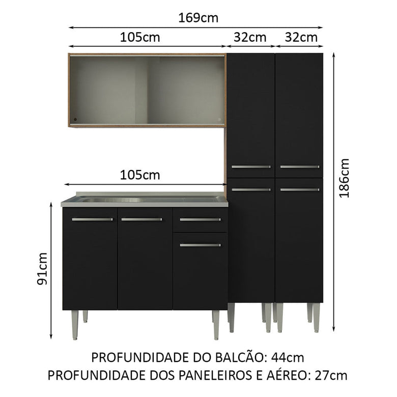 Armário de Cozinha Compacta 169cm com Pia Rustic/Preto Emilly Madesa 11