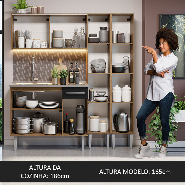 Armário de Cozinha Compacta 169cm com Pia Rustic/Preto Emilly Madesa 11